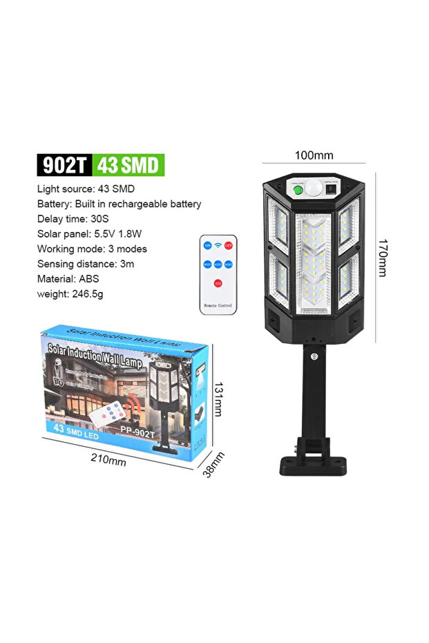 43 SMD LED تعمل بالطاقة الشمسية مع استشعار الإنسان، إضاءة جدارية خارجية مقاومة للماء، جهاز تحكم عن بعد ذكي، فناء