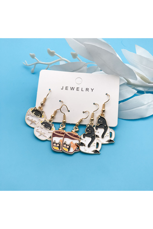 Cat Earrings Set 3pairs/set Fashion Exquisite Cute Teacup Cat Earrings Little Cat In A Coffee Cup Ac