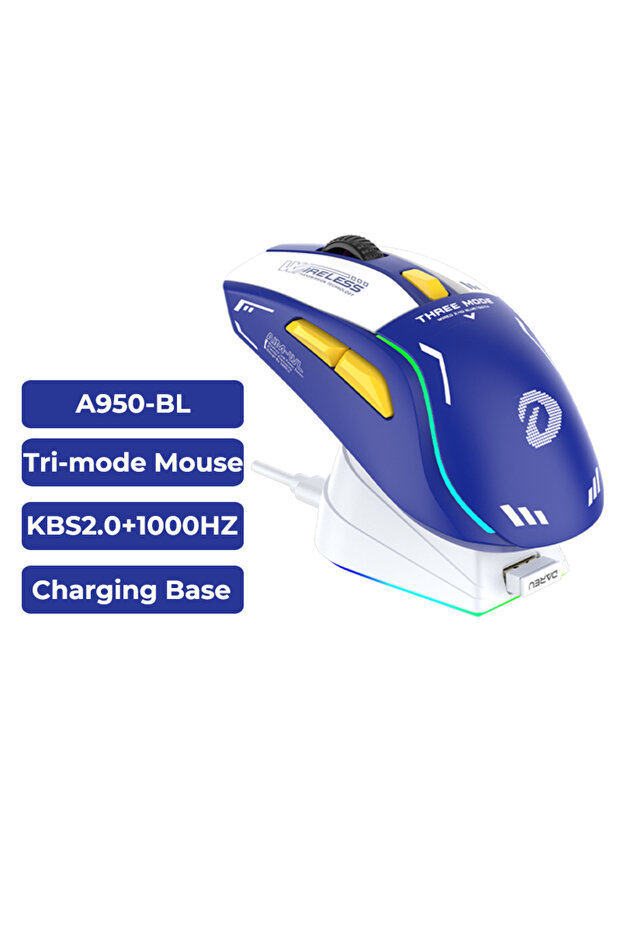 Blue DAREU PC Gaming Mouse Tri-mode Connect Bluetooth Wired 2.4G Wireless Mice with Charging Base KB