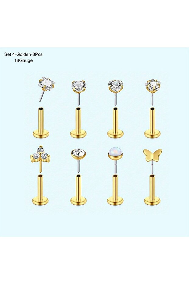 Straight Barbell Face Nose Rings & Studs Set 4-Golden-8Pcs 16G 18G Push in Threadless Nose Rings Stu