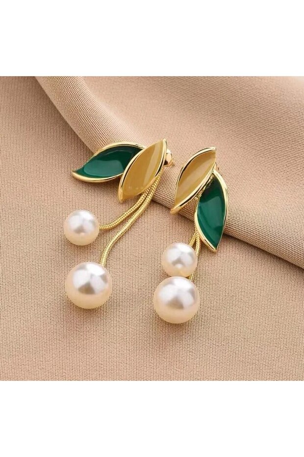 AEH60136-A Woman's Imitation Pearl Dangle Stud Earring Green Leaf Zinc Alloy Epoxy Earrings Gold Col