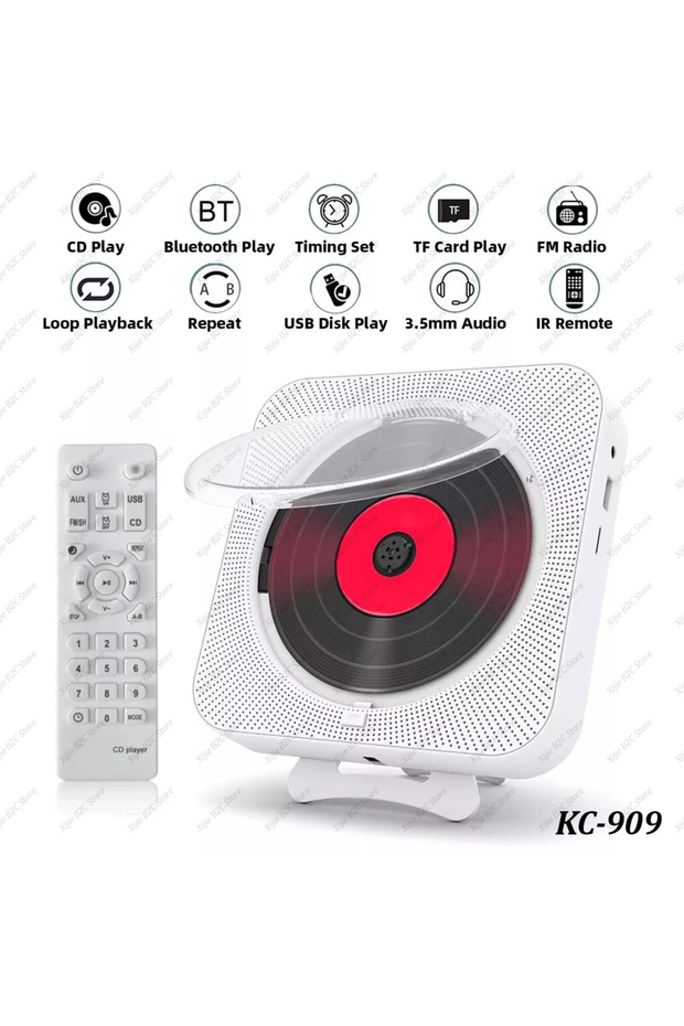 مشغل أقراص مدمجة محمول KC-909 EU، مكبر صوت بلوتوث، مشغل أقراص مدمجة ستيريو، شاشة LED، قابل للتثبيت على الحائط، موسيقى أقراص مدمجة