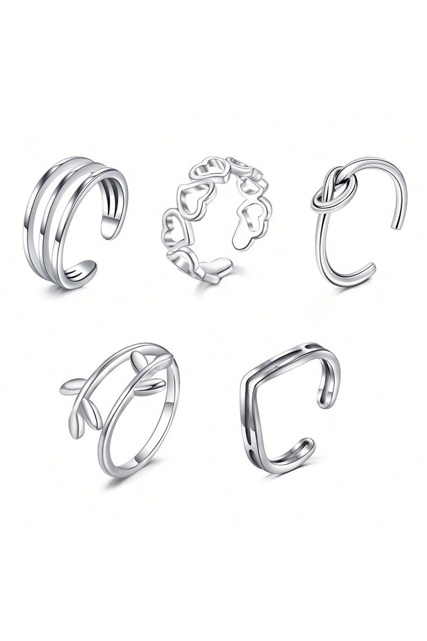 Silver 5pcs Stainless Steel Toe Ring Open Foot Ring Pack Set Hollow Heart Leaf Multiple Colors Avail