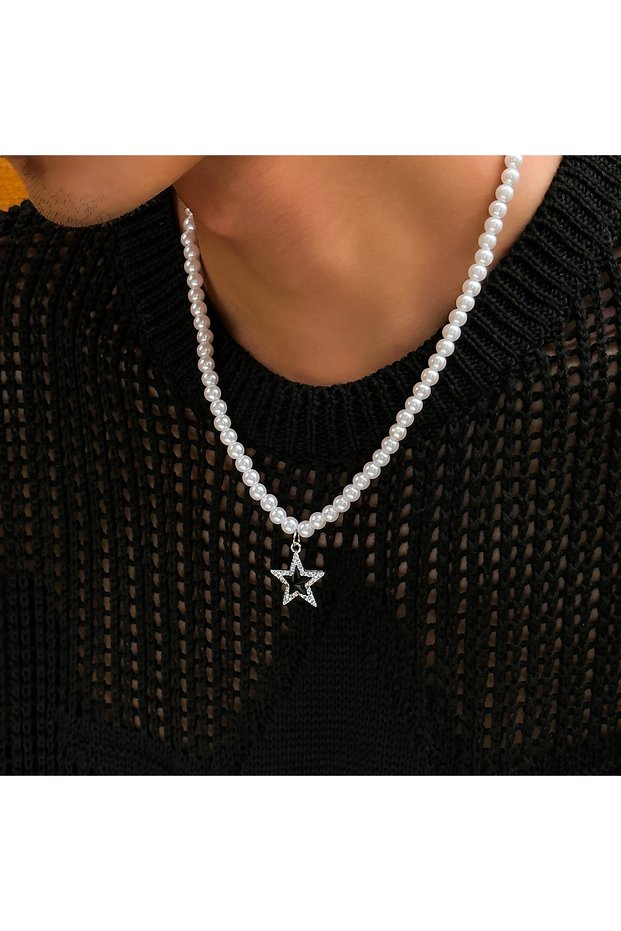 style 1 Salircon Simple Handmade Imitation Pearl Beaded Short Necklace Men's Fashion Rhinestone Star