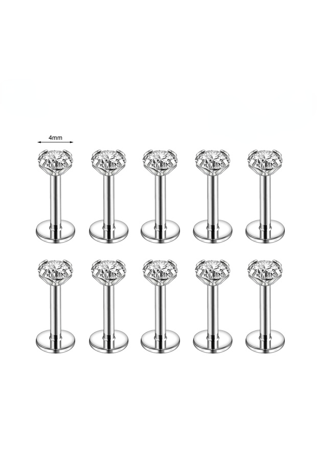 (16G)1.2X6MM Silver-4MM 10Pcs Silver Gold Color 16G Stainless Steel Labret Lip Stud 2/3/4MM CZ Cryst