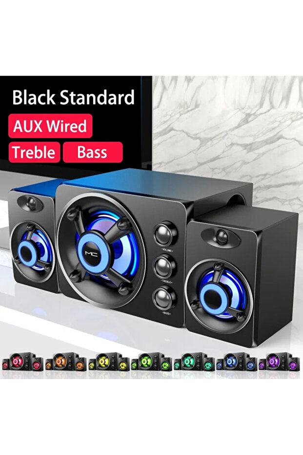 Wired Black HIFI 3D Stereo Alto-falantes Coloridos LED Luz Pesada AUX USB Com Fio Sem Fio Bluetooth
