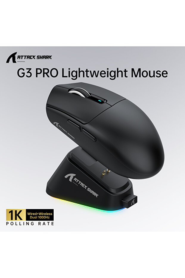 G3PRO Black ATTACK SHARK G3 PRO Ultra-Lightweight Tri-Mode Gaming Mouse Featuring a Precision PAW331