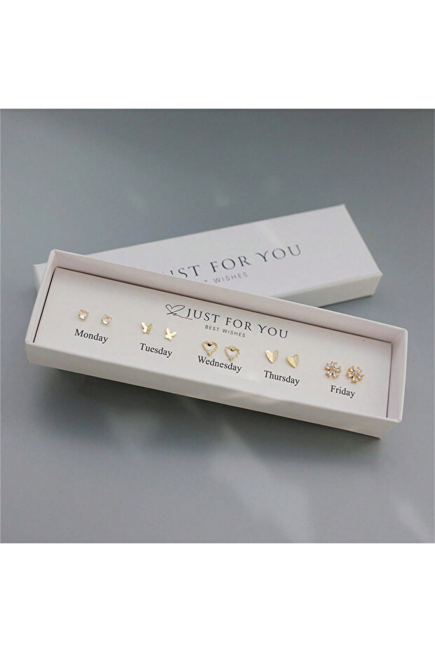 Light Yellow Gold Color 5-Pair Simple Zircon Flower Love Butterfly Earrings Weekly Gift Box for Wome