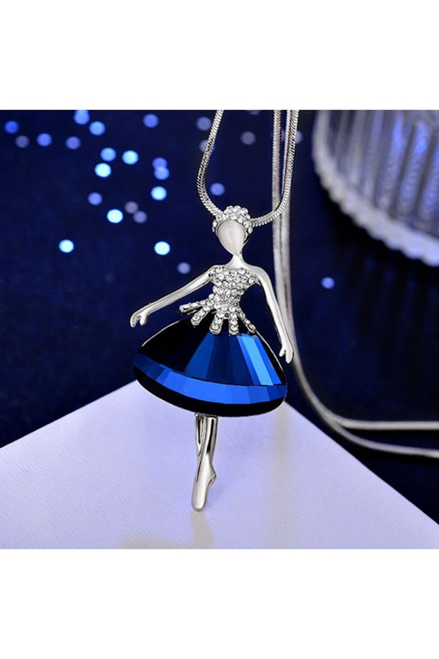 Blue Fashion Crystal Ballet Dancer Pendant Necklace for Women 2024 Elegant Female Long Sweater Chain