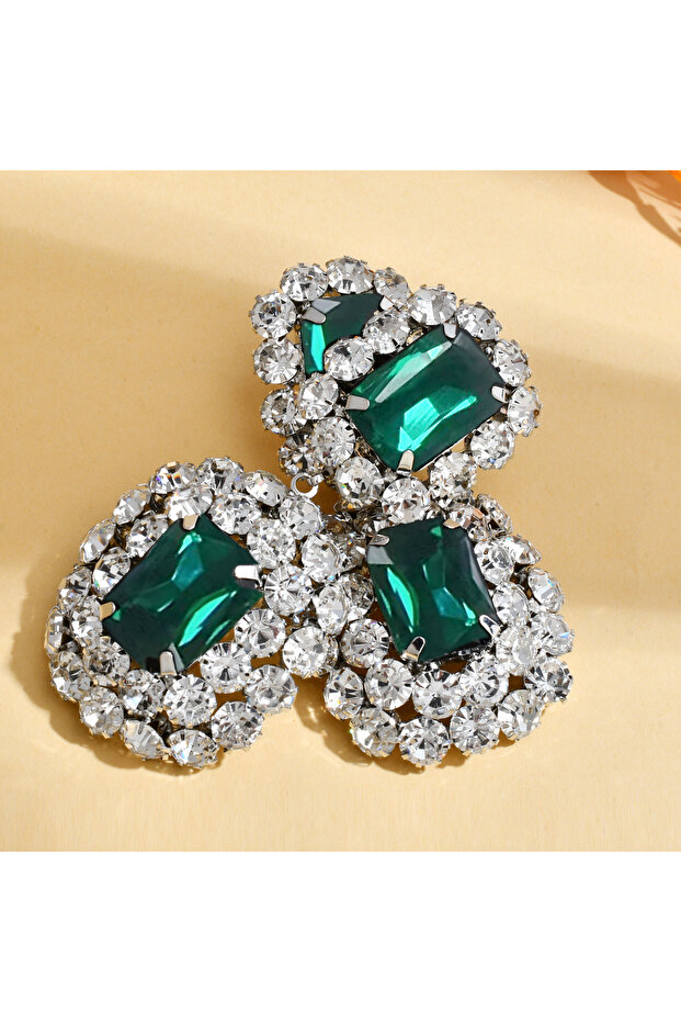 Rodium Green Luxury Shining Black Glass Drill Crystal Drop Earrings Sparkly Bold Geometric Double Sq