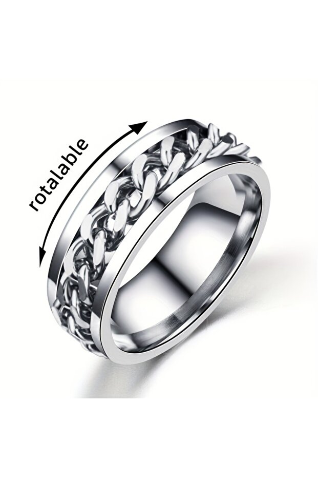 6 Silver Men's Cool Rotatable Chain Ring, Casual Stainless Steel Finger Ring, Exquisite Men's Access