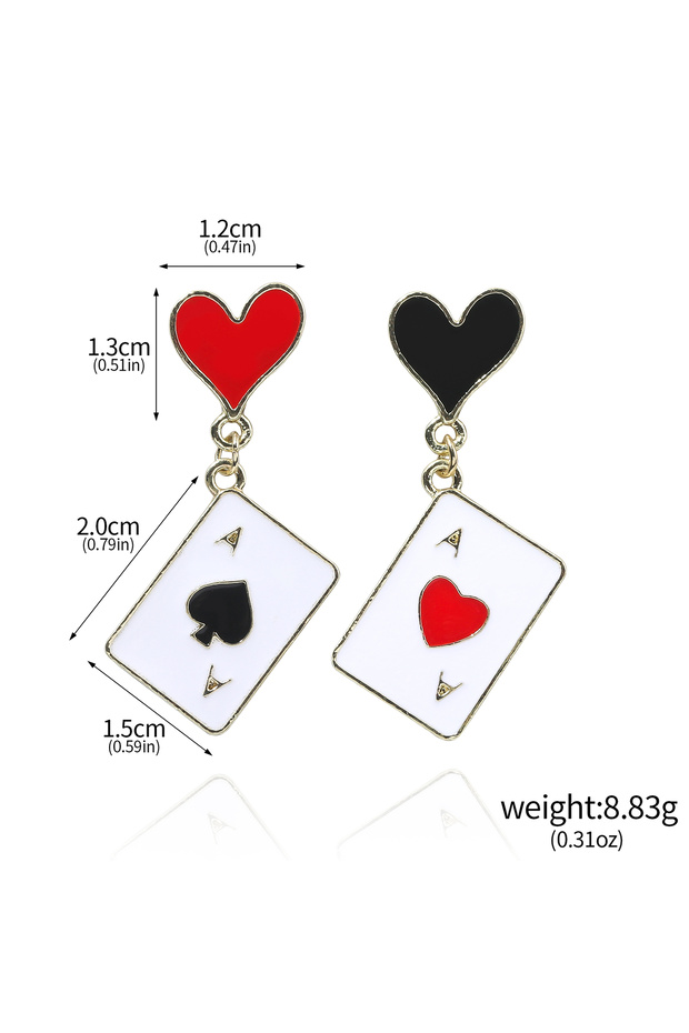 E00195-01 Funny Clock Playing Card Drop Earrings Alice in Wonderland Hearts and Ace of Spades Playin