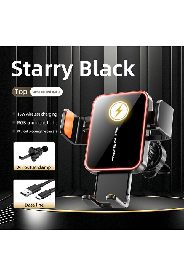 black 696 Car Holder RGB Atmosphere Lights 15W Wireless Charging One Click Opening And Closing Fast