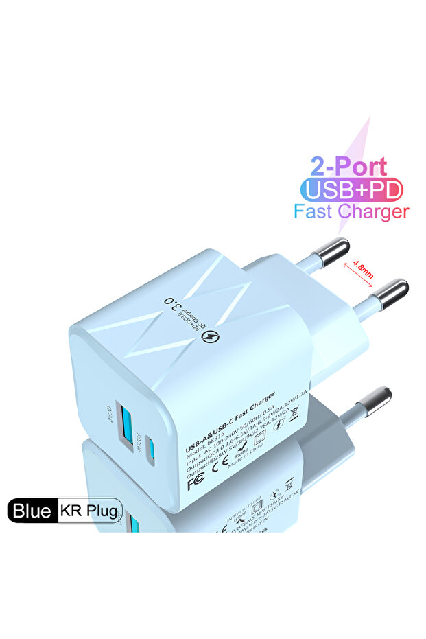 BK 315 KR Blue USB PD 25W Fast Phone Charger USB Quick Charging QC3.0 Type C Wall Charger Adapter Fo