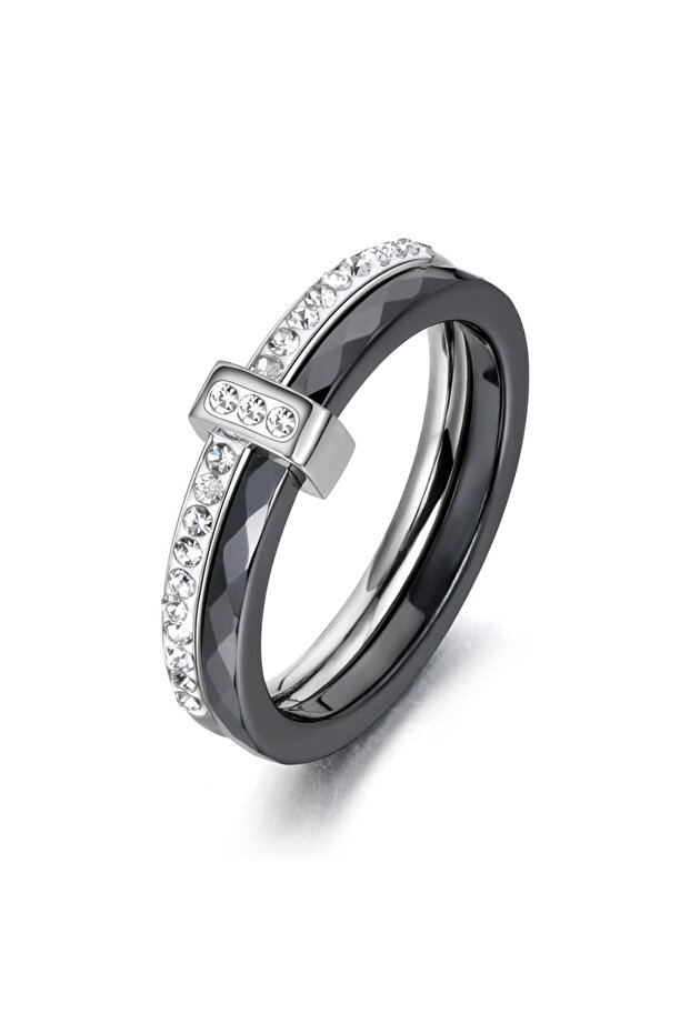 6 R18054P-Black JeeMango 2 Layers Black/White Ceramic Crystal Wedding Rings Rose Gold Color Stainles