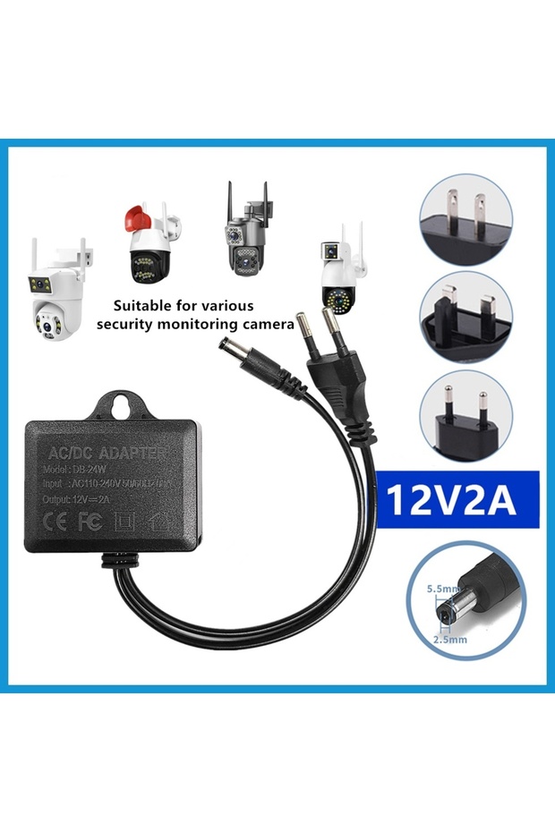 محول طاقة كاميرا CCTV بقابس أمريكي تيار متردد/تيار مستمر 12 فولت 2 أمبير مقاوم للماء للاستخدام الخارجي محول طاقة كاميرا CCTV بقابس أوروبي أمريكي