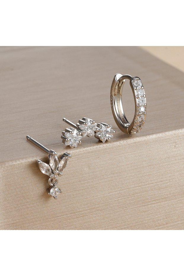 Silver-3pcs 3PCS Stainless Steel Huggies Star Hoop Earrings Set for Women Trendy Zircon Pendant Gold