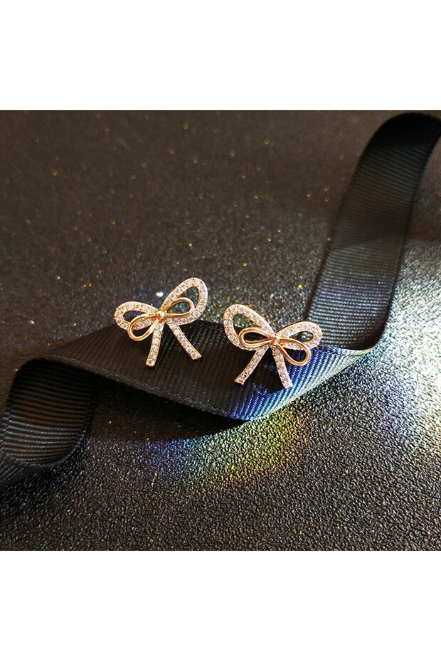 E1883 Huitan Luxury Gold Color Bow Stud Earrings Inlaid Crystal Cubic Zirconia Fancy Women's Earring