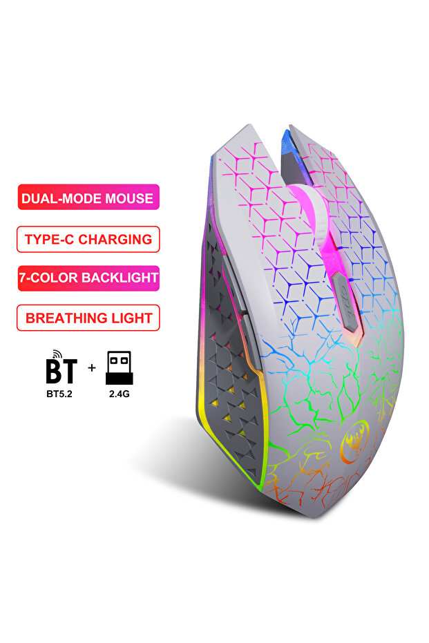 فأرة ألعاب T34 بيضاء جديدة مريحة بتصميم ثلاثي الأبعاد وإضاءة خلفية RGB ثنائية الوضع مع 6 أزرار قابلة لإعادة الشحن بسعة 500 مللي أمبير