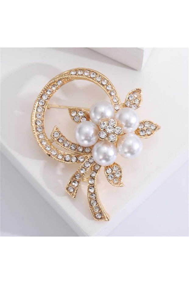 Gold Color e Flower Imitation Pearl Brooches For Women Shiny Rhinestone Double Layer Love Heart Pins