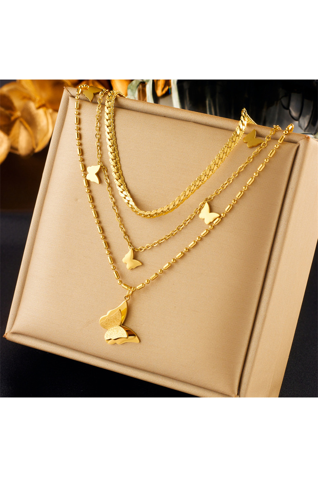 N2082 DIEYURO 316L Stainless Steel Gold Color Multilayer Butterfly Pendant Necklace For Women Fashio