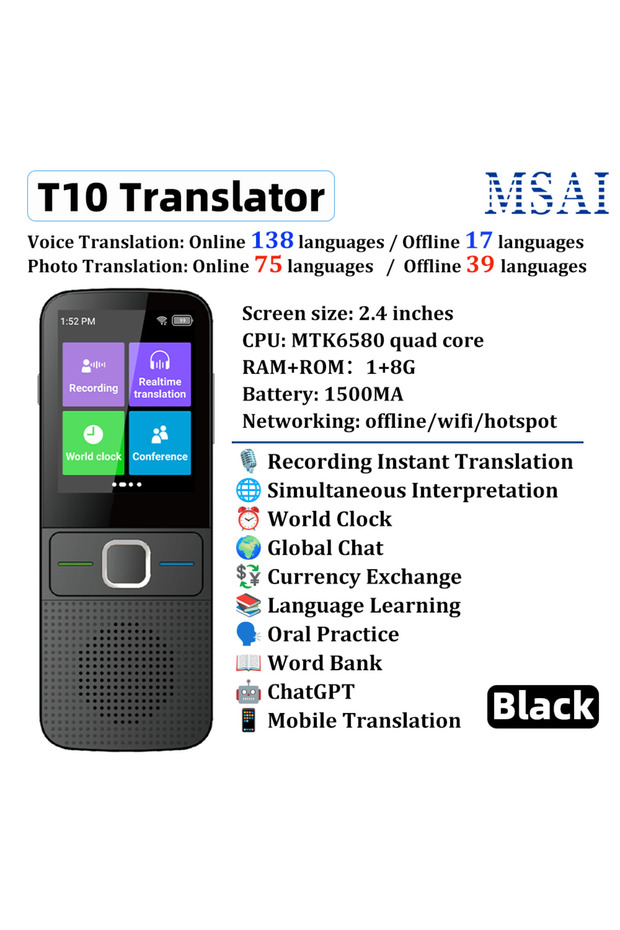 T10-black MSAI T10 138 Languages Translator for Travel Photo 75 Languages Real-time Offline Translat
