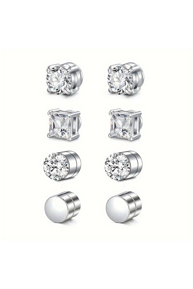 4 pairs silver Set of man's magnetic earrings without punching ear clips,stainless steel personalize