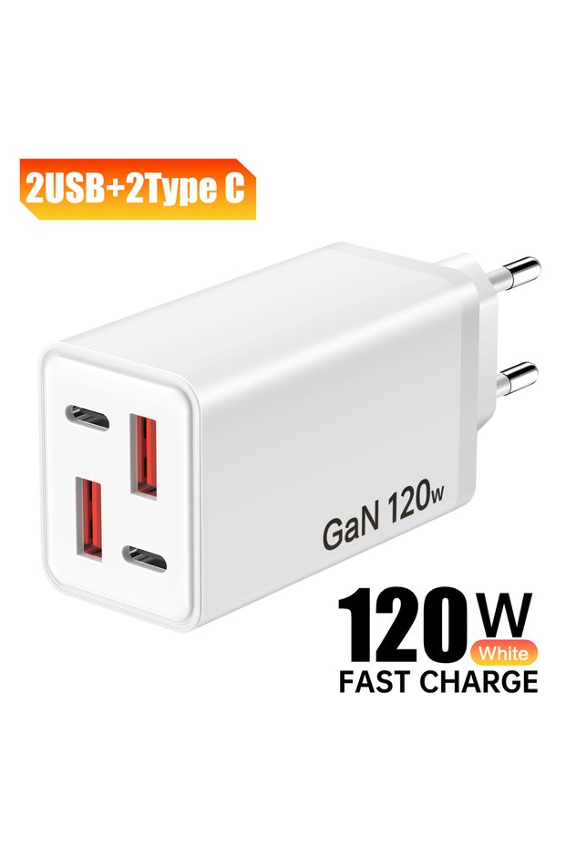 EU White Total 120W GaN USB Mobile Phone Charger Type C Fast Charging Wall Adapter 4 Ports Quick Ch