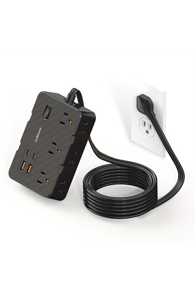 قابس أمريكي أسود، حماية من التيار المفاجئ 10 في 1 مع 6 منافذ تمديد و4 منافذ USB، شريط طاقة بطول 5 أقدام، محول طاقة