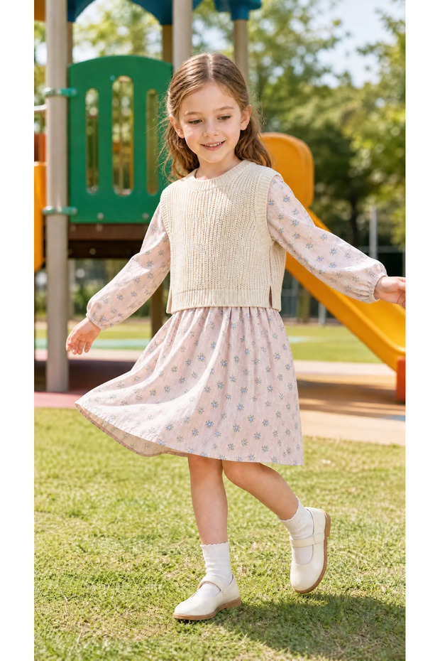 Girls' Knitwear Sweater Detailed Floral Patterned Dress Long Sleeve Casual Dress