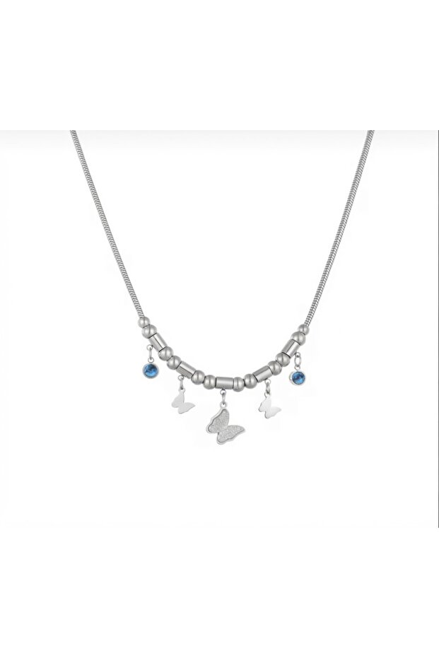 Butterfly Model Evil Eye Bead Detailed 316L Steel Necklace