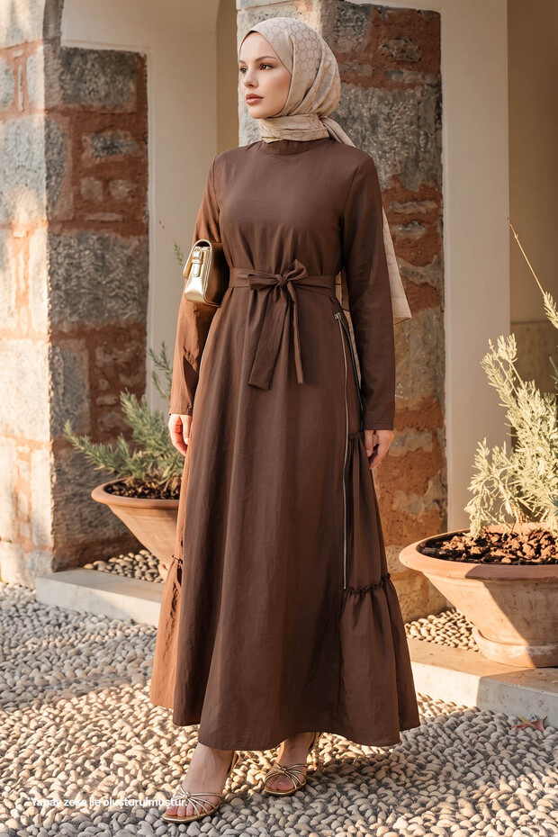 Modal Bitter Brown Dress with Side Zipper Detail