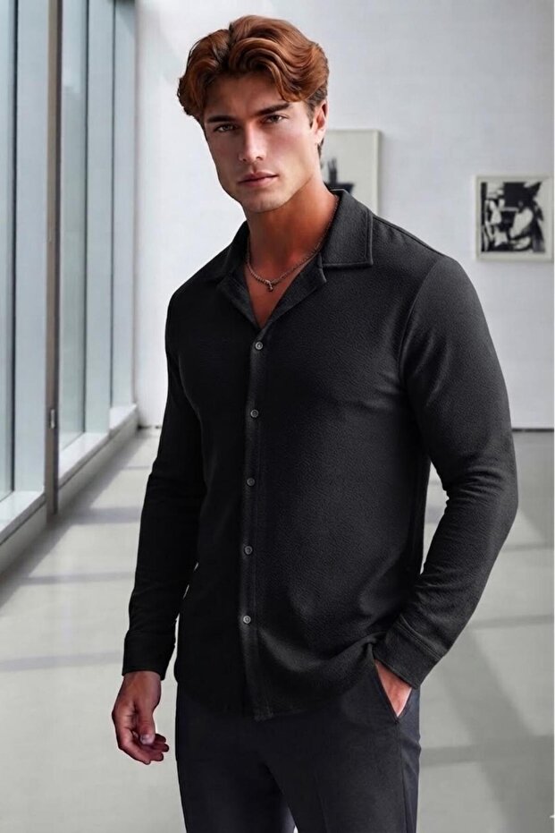 Men's Black Crepe Fabric Oversize Cut Shirt