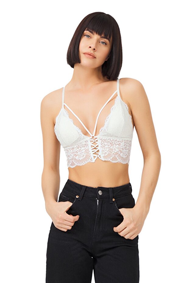 Cream Lace Thin Strap Covered Triangle Women's Bralette Bustier