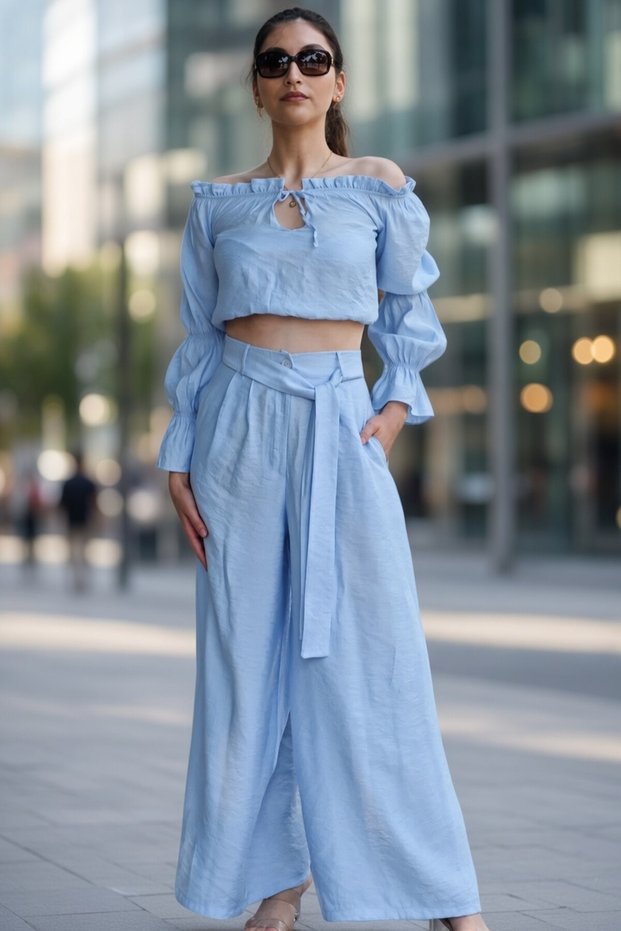 Italian Satin Silk Madonna Collar Soft Crop Belt Detail High Waist Pants Double Bottom Top Set