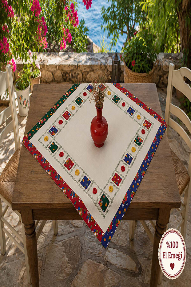 Basma Border Patchwork Poppy Embroidered Table, Coffee Table, Fiskos Cover