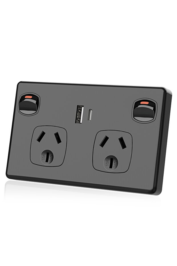 AU 1USB-A 1Type-C black Australian Standard USB Wall Socket Dual Outlet with Type-C and Switch, AU P