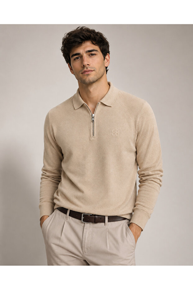 Polo Collar 100% Soft Zipped Men's Knitwear Sweater