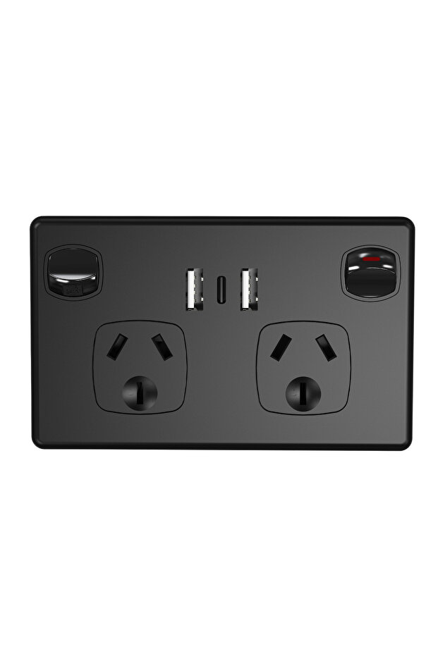 AU 2USB-A 1Type-C black Australian Standard USB Wall Socket Dual Outlet with Type-C and Switch, AU P