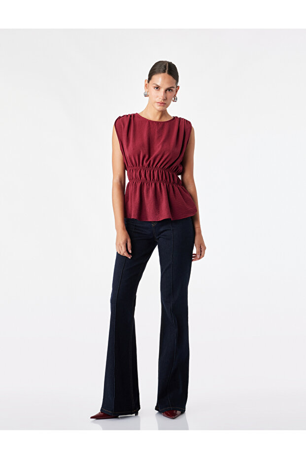 Aerobin Fabric Gathered Waist Accent Crew Neck Sleeveless Peplum Blouse