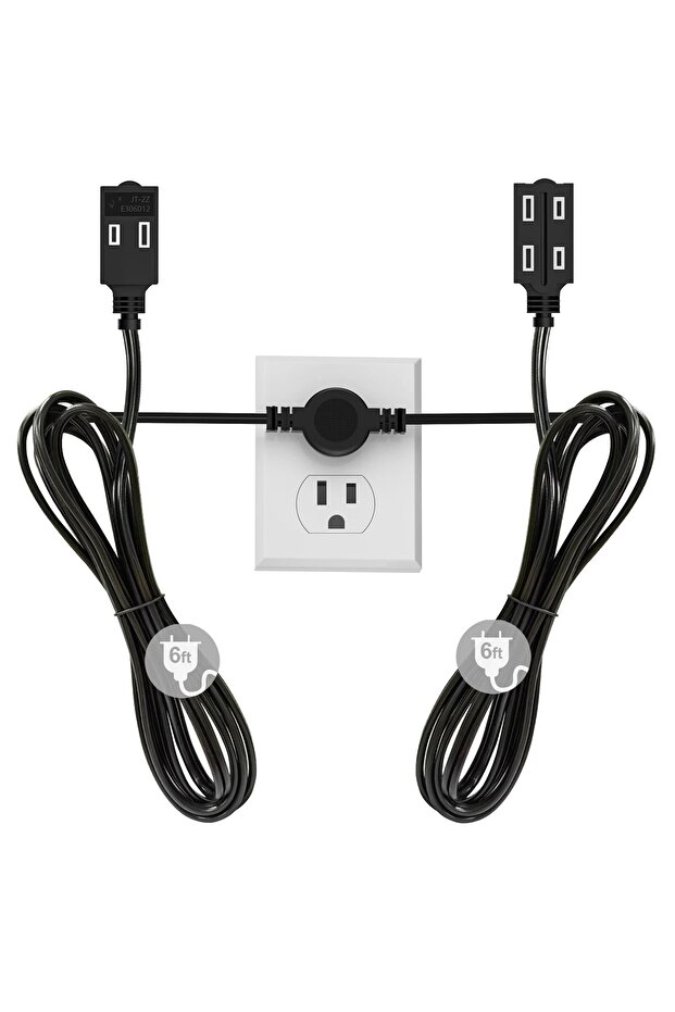 Black Twin Extension Cord Power Strip, 12 FT Double Extension Cord Splitter (6 FT Each Side),3 Prong