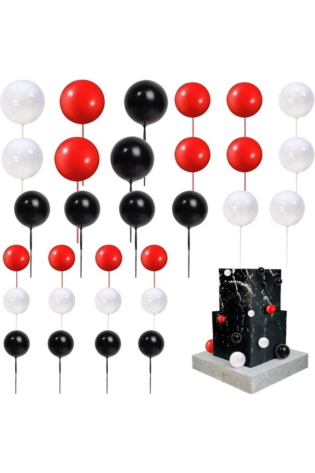 Black Red White 24PCS Balls Cake Toppers Cupcake Toppers Foam Balls Cake Topper Decorations for Wedd