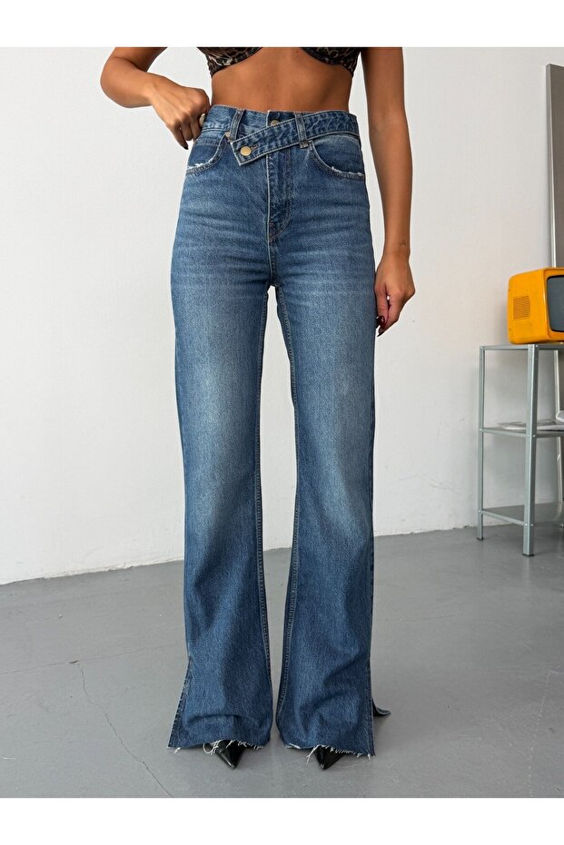 Women's High Waist Cross-Buttoned Wide Leg Jeans with Slits