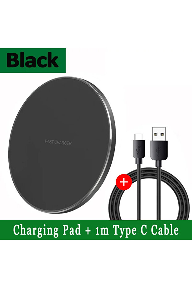 شاحن لاسلكي أسود مع كابل USB-C للشحن السريع QC 3.0 لهواتف آيفون 17 و16 و15 و14 و13 و12 و11 وXR و8