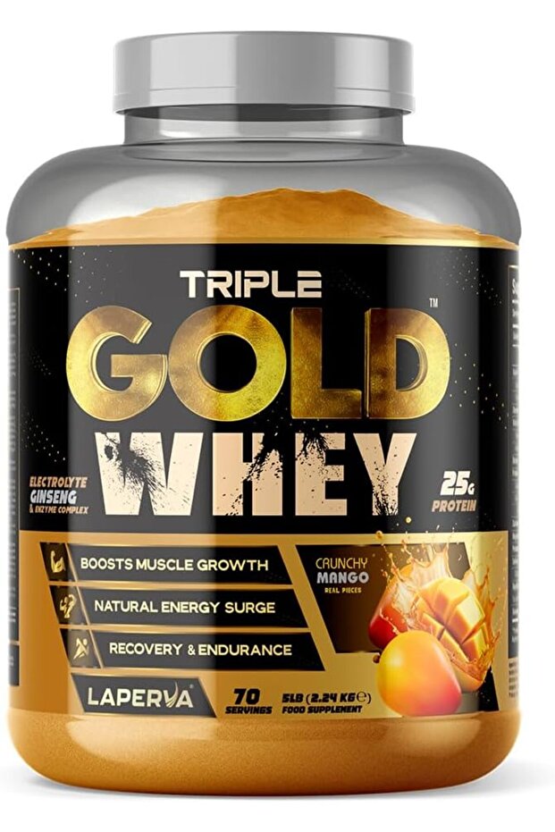 بروتين مصل اللبن الثلاثي الذهبي - 25 جرام بروتين لكل حصة، مع أحماض BCAA (5 رطل، 70 حصة) (بنكهة المانجو المقرمشة) مركب وعازل لبروتين مصل اللبن مع مكونات طبيعية