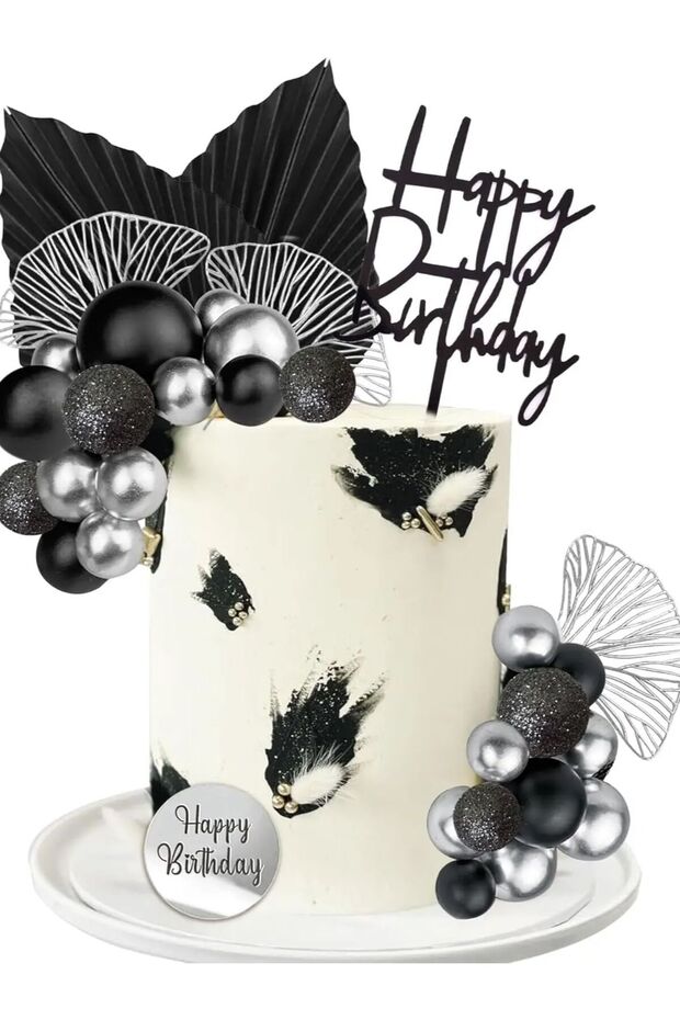 Black Silver Silver Black Balls Cake Toppers Happy Birthday Cake Decoration for Wedding Baby Shower