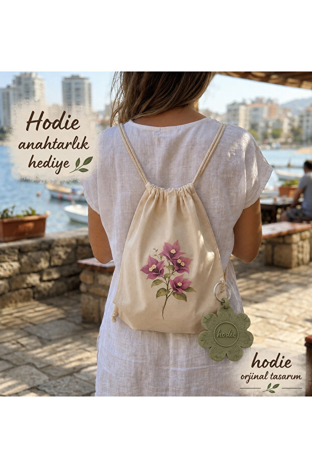 Bougainvillea Printed Drawstring Backpack Thin Lightweight Cloth Bag 35X40