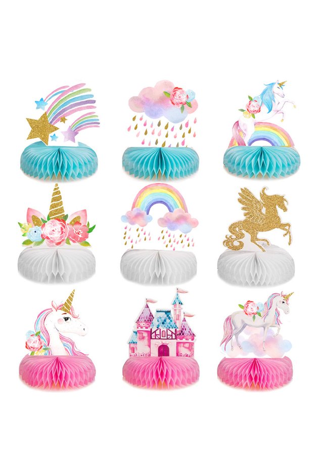 9pcs 9pcs Rainbow Unicorn Honeycomb Balls Party Table Decorations Paper Fan Set Birthday Party Baby
