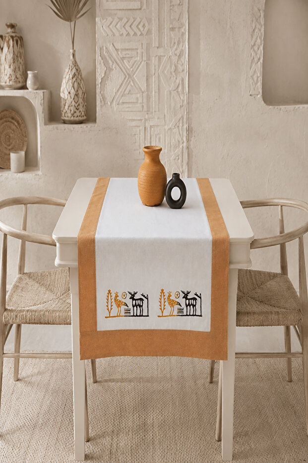 Buldan Fabric with Border and Stone Print, Ethnic Patterned Runner - Mustard