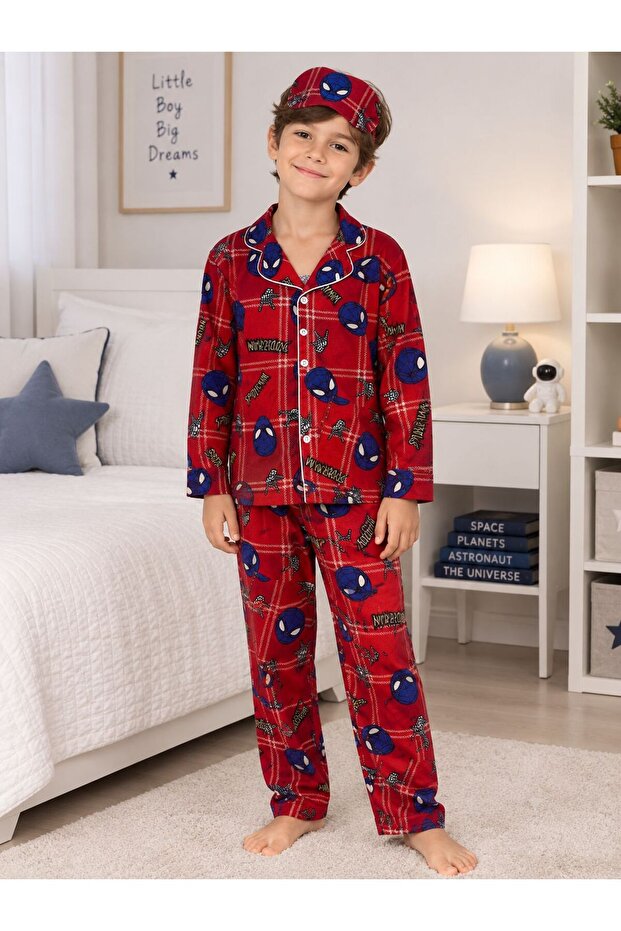 Boys' Cotton Suede Fabric Shirt Collar Buttoned Sleep Band Winter Pajama Set Red Spider Patterned
